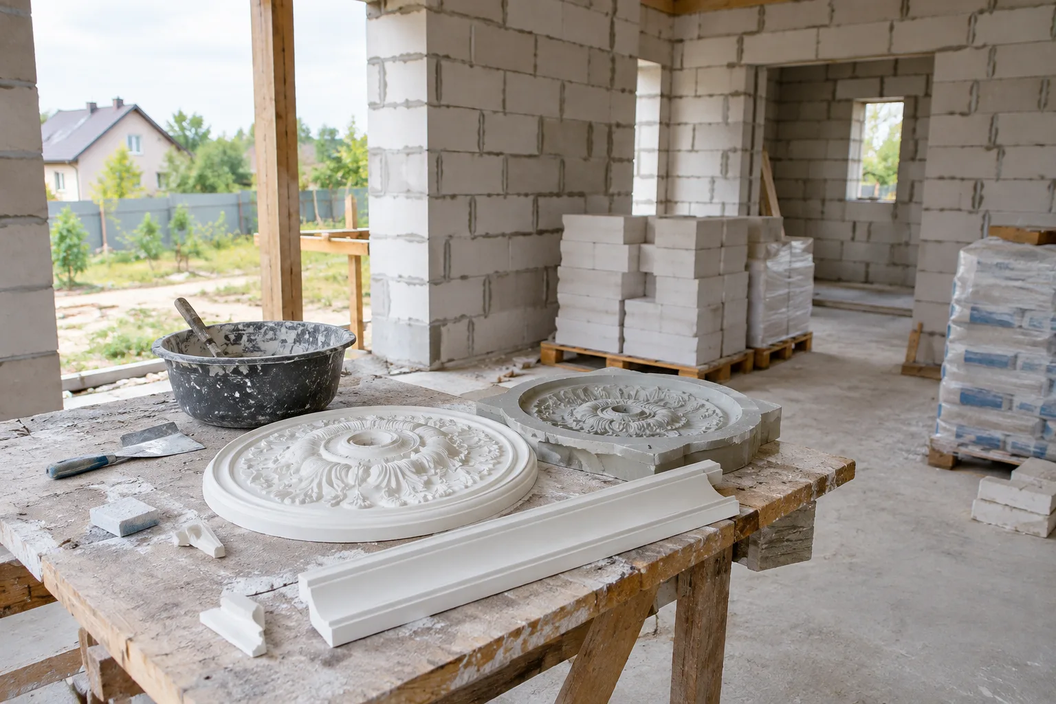 Гіпсова розетка, карниз і форма на робочому столі