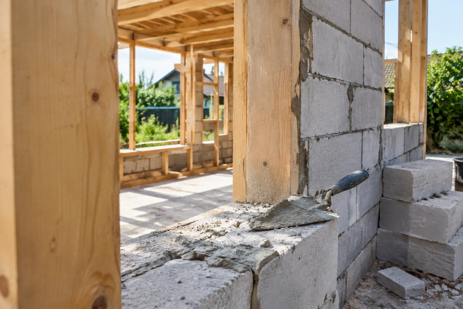 Піноблоки біля стін приватного будинку, що будується