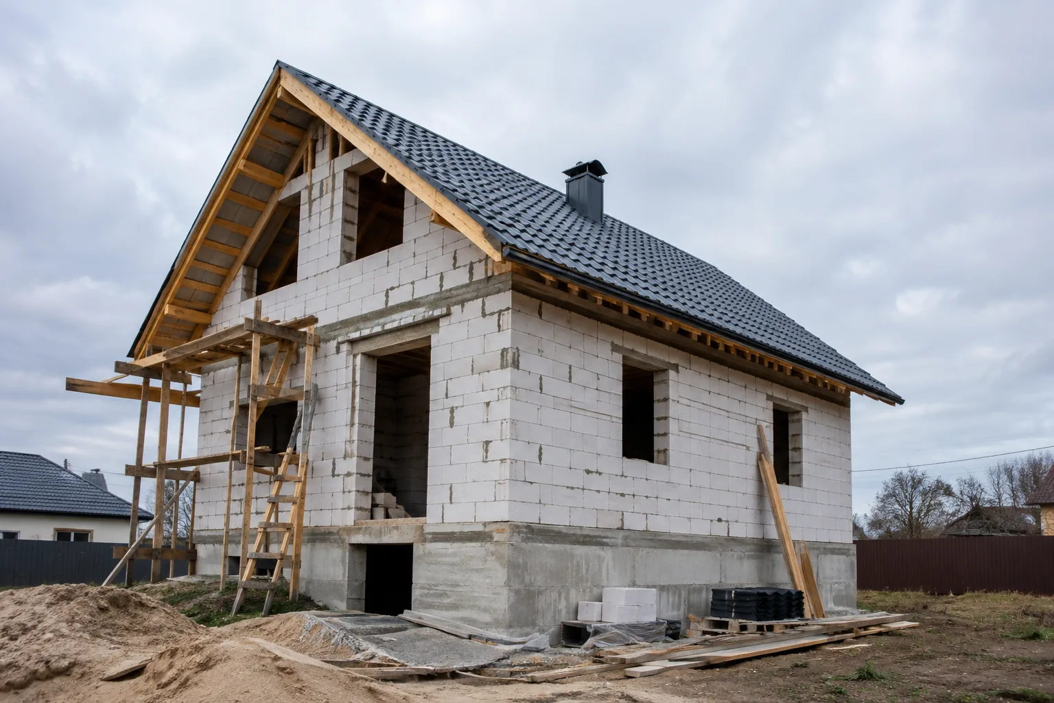 Приватний будинок на етапі зведення стін і покрівлі