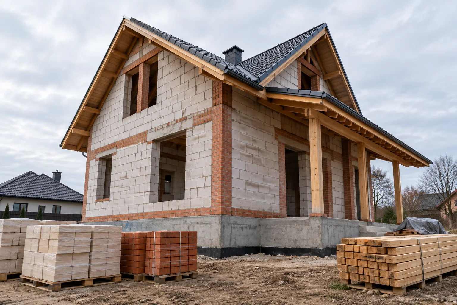 Приватний будинок на етапі зведення стін і покрівлі