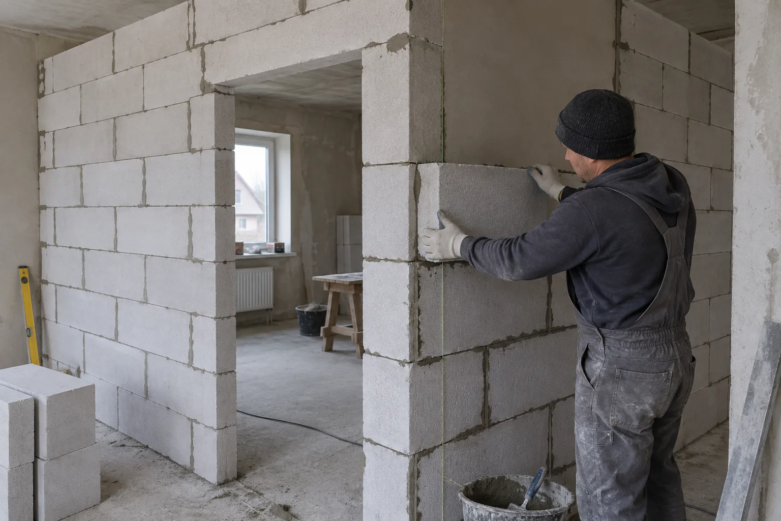 Кладка пінобетонних блоків усередині будинку Зведення міжкімнатної перегородки з піноблоків